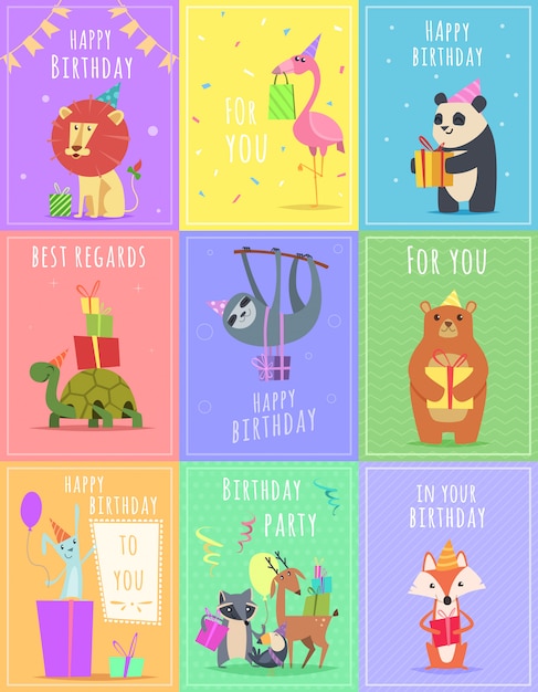 Birthday cards with animals. Wildlife zebra turtle lion and monkey characters at gift celebration colored  cards