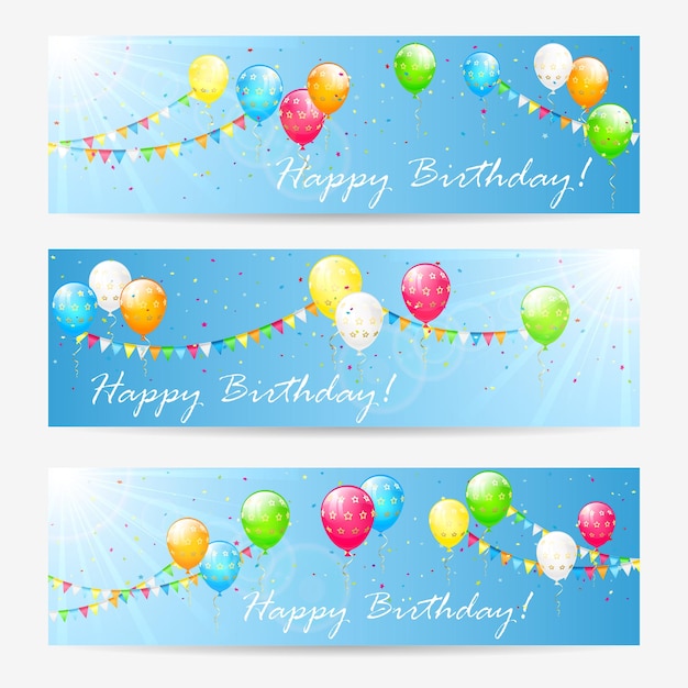 Vector birthday cards with holiday balloons, streamers, pennants and confetti, illustration.