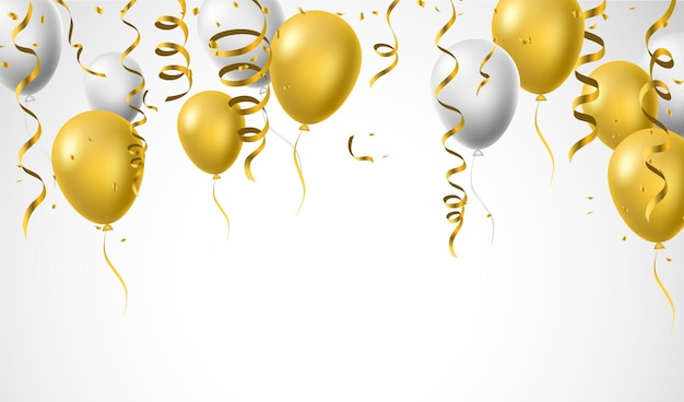 Birthday celebration backgrounds white yellow glitter gold balloons and golden foil confetti Vector illustration