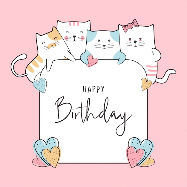 Birthday celebration card with cute baby cats drawing