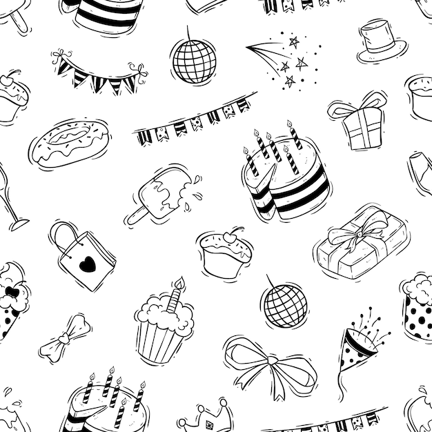 birthday celebration seamless pattern with doodle style