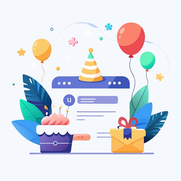 Birthday celebration on a website with a cake gift and balloons