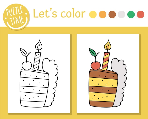 Birthday coloring page for children. Funny piece of cake with candle and cherry on top. Vector holiday outline illustration with cute dessert. Party color book for kids with colored example