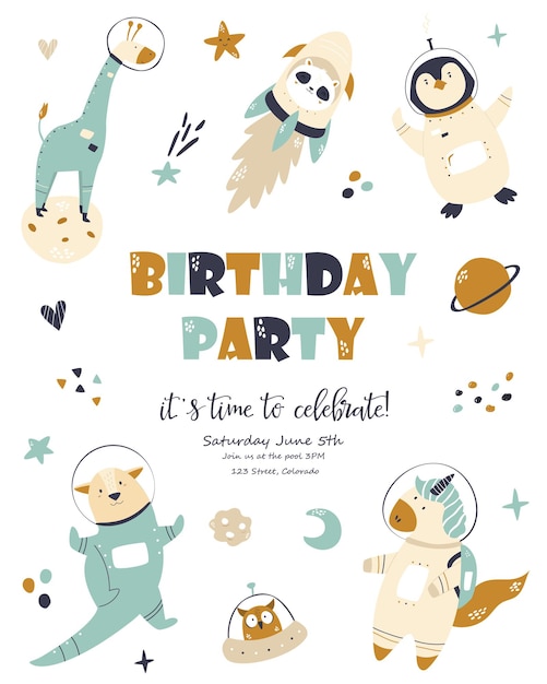 Birthday cosmic card with cute animals. Greeting poster, invitation template