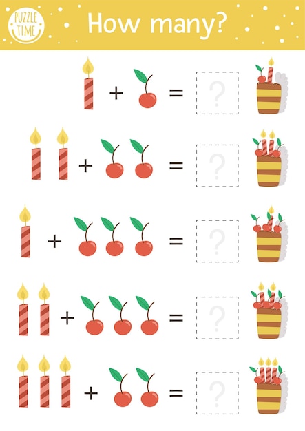 Birthday counting game with cake and candles. Holiday number recognition activity for preschool children. Educational celebration printable math worksheet with traditional dessert for kids