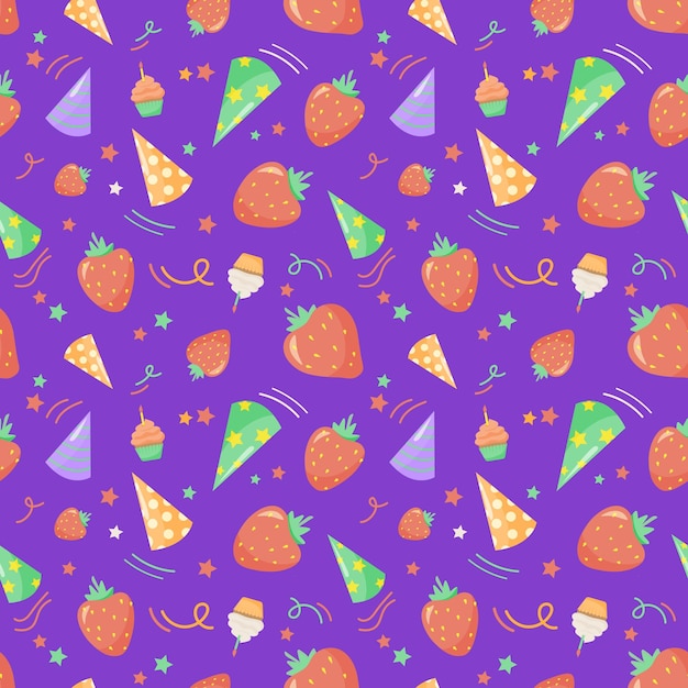 Birthday cream cupcake strawberries party hats flat vector seamless pattern Hand drawn background