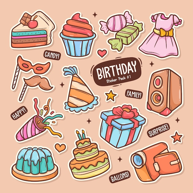 Birthday Cute Doodle Vector Sticker Collection