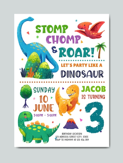 Vector birthday dinousaur theme invitation card template