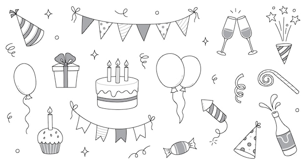 Birthday doodle icon element Hand drawn sketch doodle birthday cake balloon event decoration element