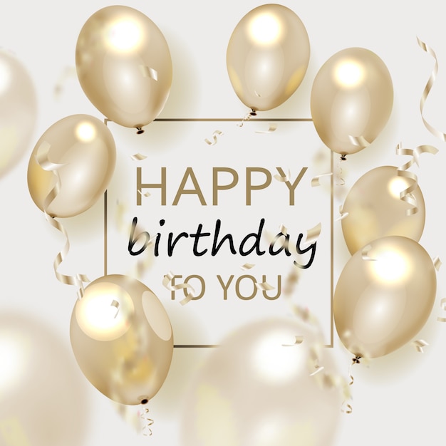 birthday elegant greeting card with gold balloons and falling confetti