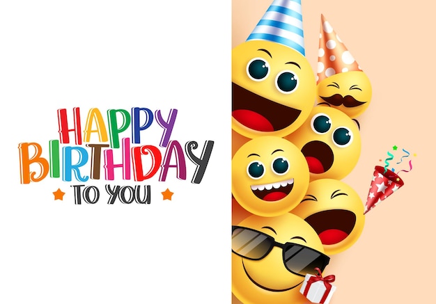 Vector birthday emoji smiley vector background template happy birthday to you greeting text in white