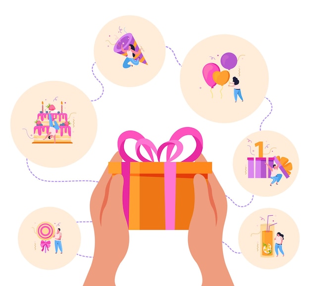 Birthday flat background composition with hands holding gift box surrounded by circle icons