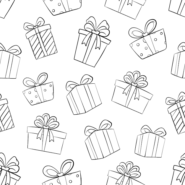 Birthday Gift Box in Seamless Pattern With Doodle or Hand Drawn Style