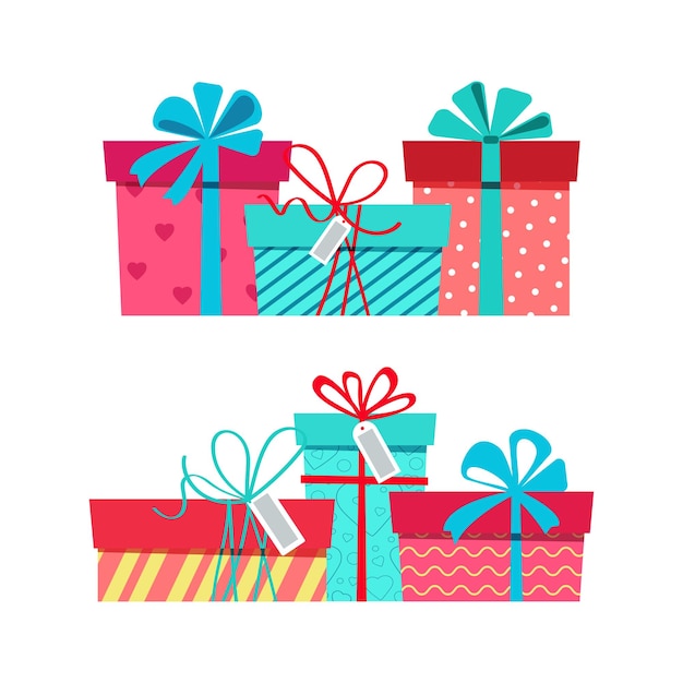 Birthday gift set Different gift boxes with ribbons and bows Vector illustration in flat style