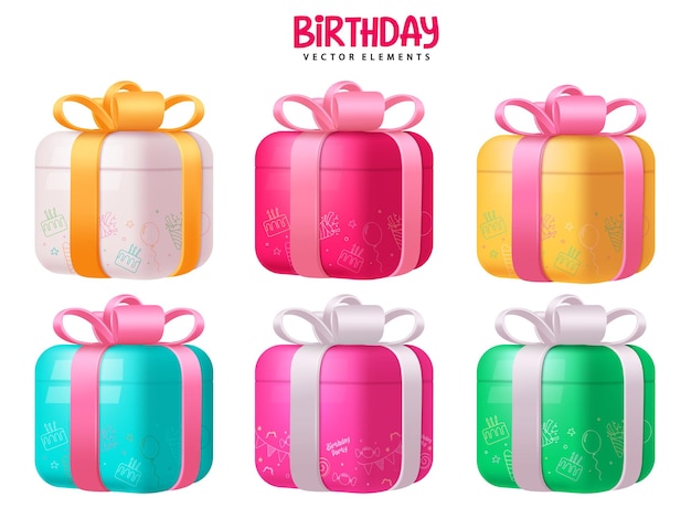 Birthday gifts box elements vector set design Birthday 3d gift close box with ribbon tie isolated