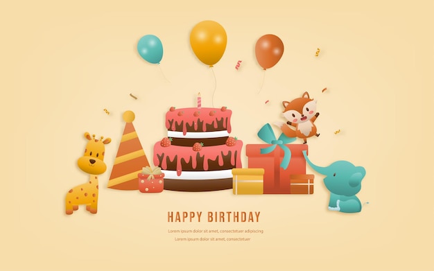 Birthday greeting card Cute jungle animal on train sky background. celebrate children's birthdays and template invitation paper and papercraft style vector illustration. Theme happy birthday.