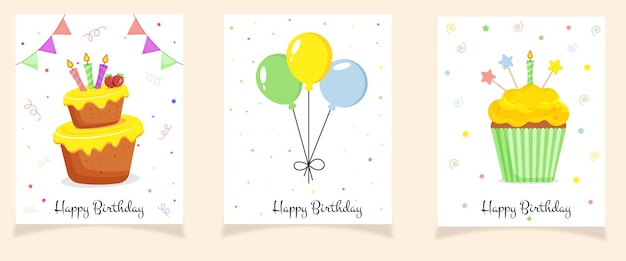 Birthday greeting card set with cake balloons and muffin