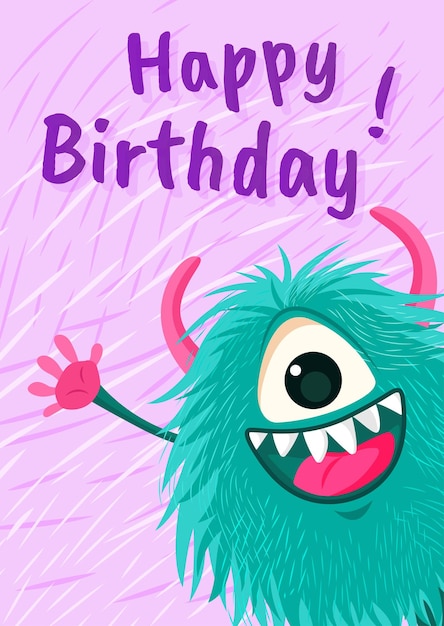 Vector birthday greeting card with funny cute monster. vector is cropped with clipping mask.