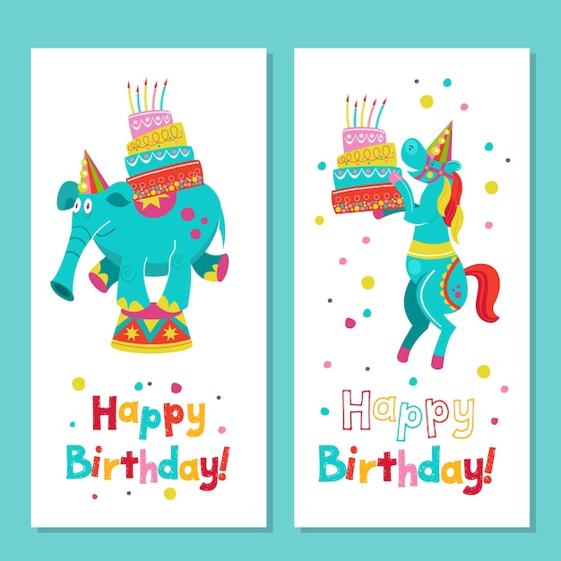 Birthday greeting illustration.Circus elephant and horse