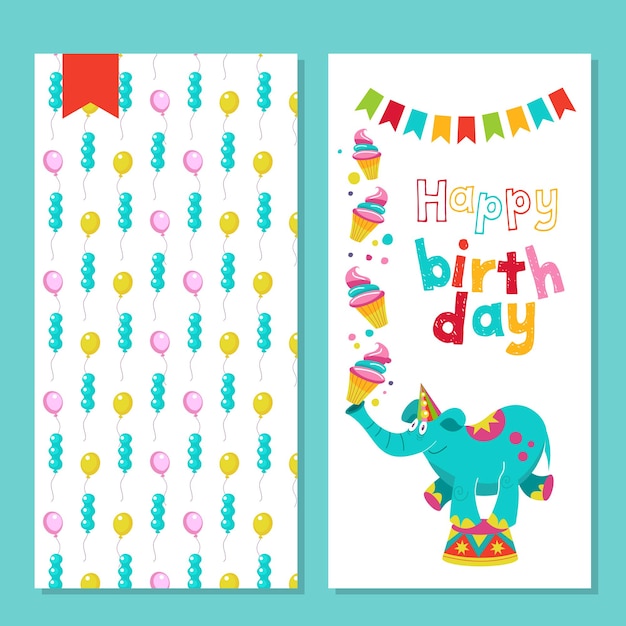 Birthday greeting illustration.Circus elephant juggler