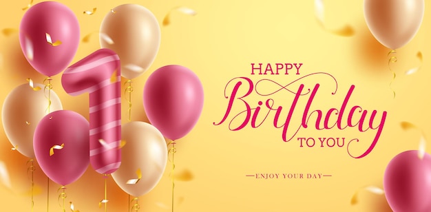 Birthday greeting vector background design. Happy birthday greeting text with balloon and number.