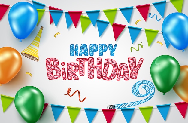 Birthday greeting vector background design Happy birthday text in doodle drawing with pennants