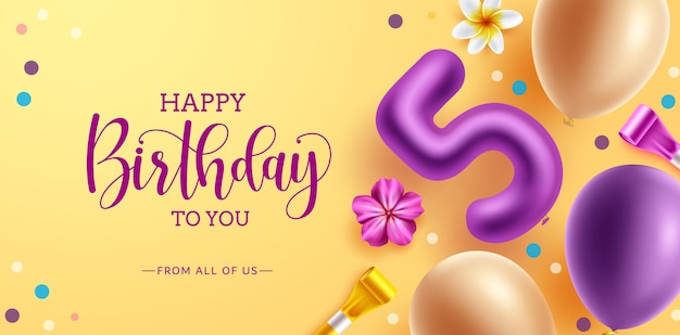 Birthday greeting vector background design. Happy birthday text with balloons, flower and horn.