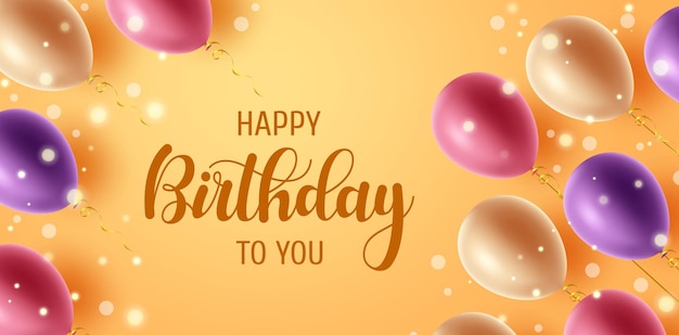 Birthday greeting vector background design. Happy birthday to you text with flying colorful balloons