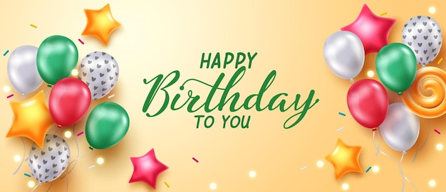 Birthday greeting vector banner design. Happy birthday text with balloon bunch and bokeh lights.