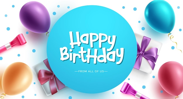 Birthday greeting vector template design. Happy birthday text in blue circle space with balloons.