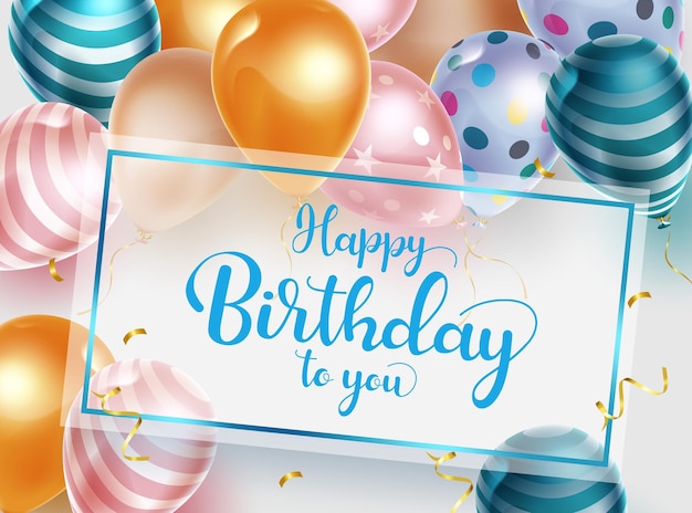 Birthday greeting vector template design. Happy birthday text in frame with colorful balloons.