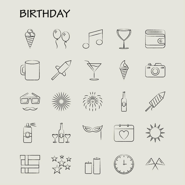 Vector birthday hand drawn icon web print mobile uxui kit such as calendar day date love glass drink wine w