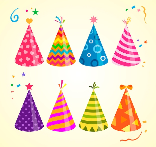 Birthday hat, Birthday cap illustrations. Colored party hats