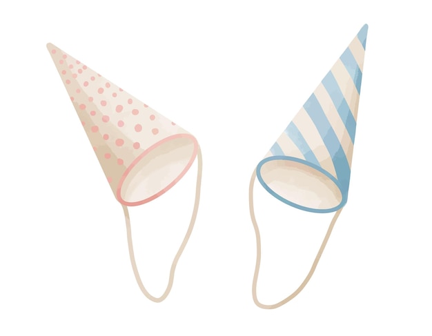 Birthday Hats for Party Watercolor vector illustration with Conical retro old Cap in blue and pink pastel colors Hand drawn illustration