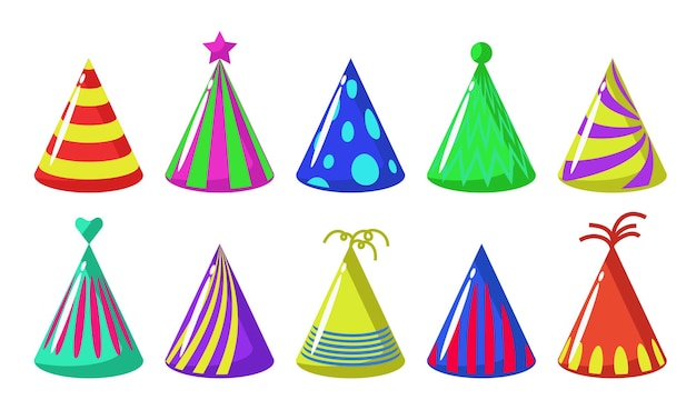 Birthday hats set Collection of paper cap holiday icon isolated on white background and party