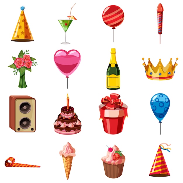 Birthday icons set, cartoon style