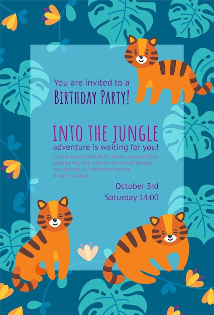 Birthday invitation card with cute little tigers. Ready-made vertical invitation design for birthday parties. Colorful falt vector illustration with text and jungle leaves frame.