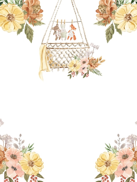 Birthday invitation template watercolor baby cradle made of macrame and stuffed toys in boho style