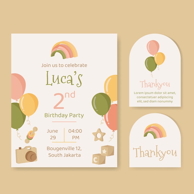 birthday invitation template with balloon and wooden toys in neutral colors