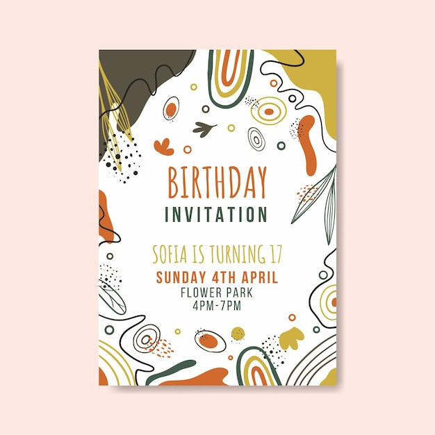 Vector birthday invitation template with hand drawn flat abstract shapes premium vector