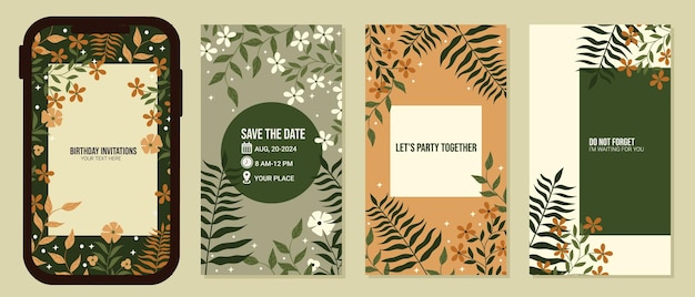 birthday invitation templates. social media stories. foliage hand drawn style. use for online