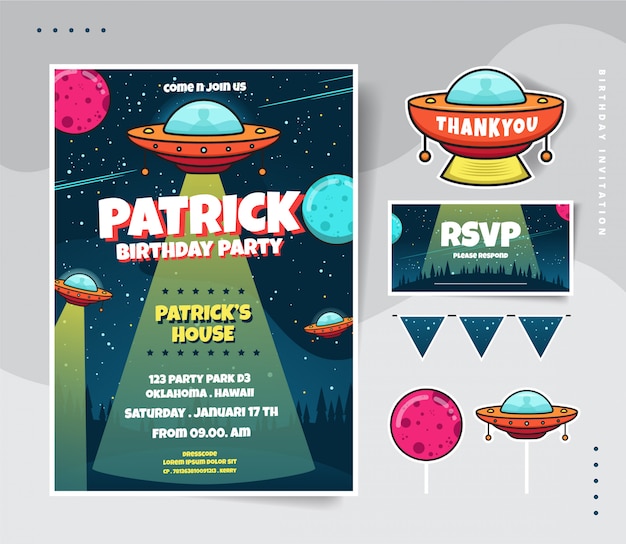 Birthday invitation with Flying space and planet 