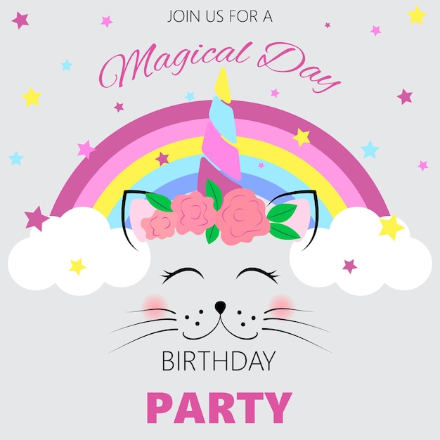 Birthday invitation with a unicorn cat in a wreath Children's birthday invitation template Cute unicorn cat Vector illustration