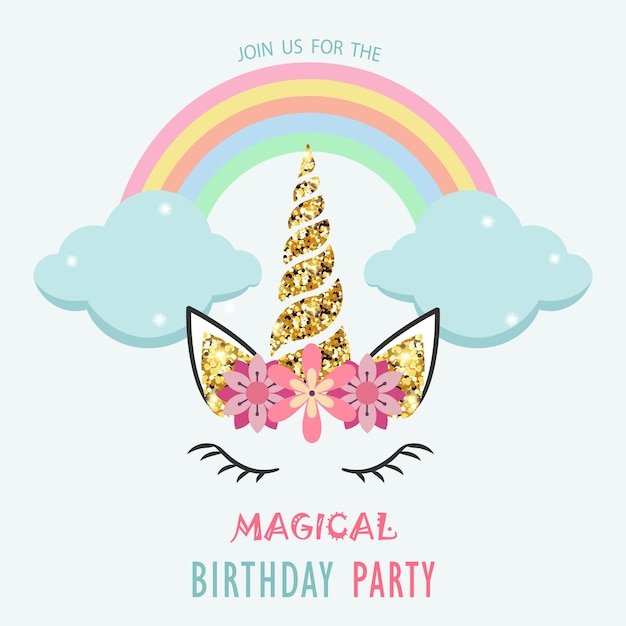 Birthday invitation with unicorn horn and glitter and rainbow