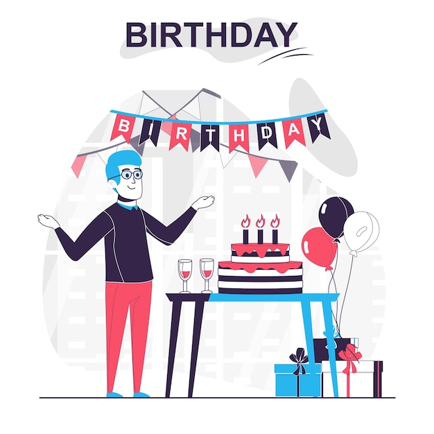 Birthday isolated cartoon concept Man celebrating at party with cake gifts and decor