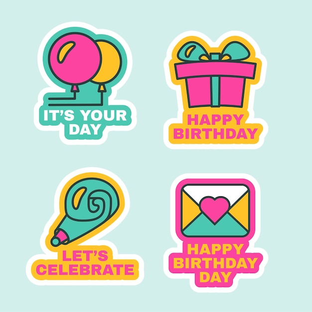 Birthday Labels Isolated Comic Stickers Set Flat