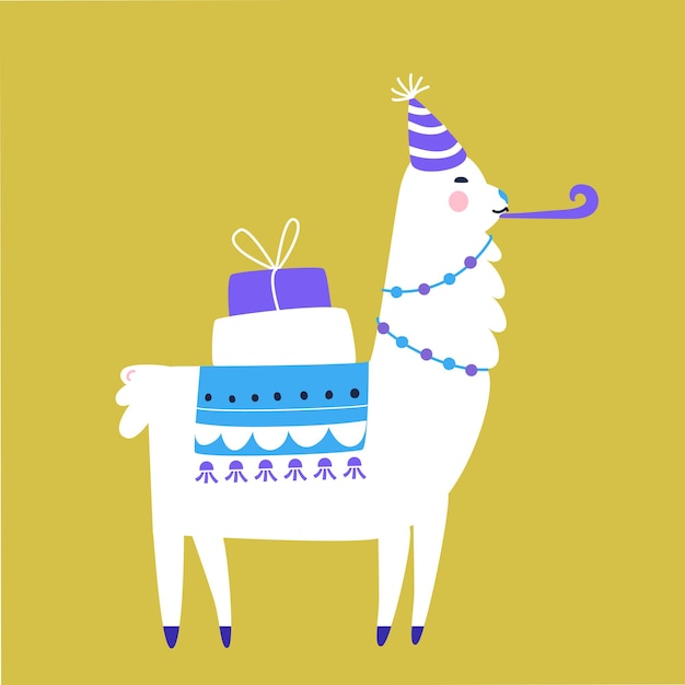 Birthday llama with gift boxes and party hat. Cute funny alpaca vector illustration.