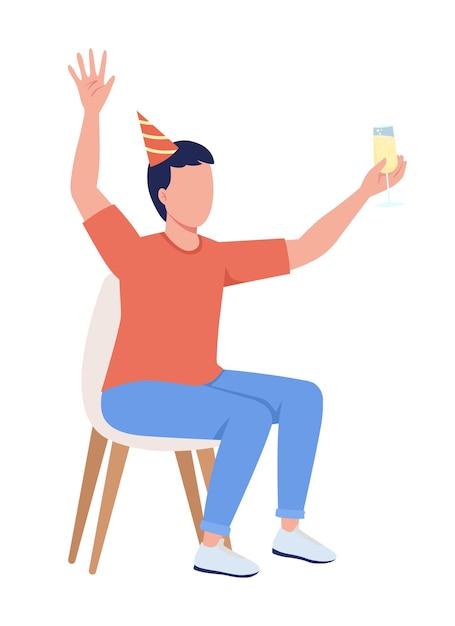 Birthday man semi flat color vector character Sitting figure Full body person on white Festive celebration simple cartoon style illustration for web graphic design and animation