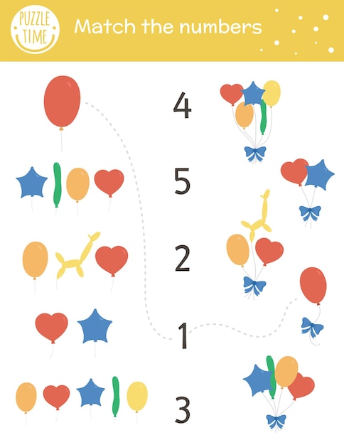 Birthday matching game with colorful balloons. Holiday math activity for preschool children. Educational celebration printable counting worksheet with cute funny elements for kids