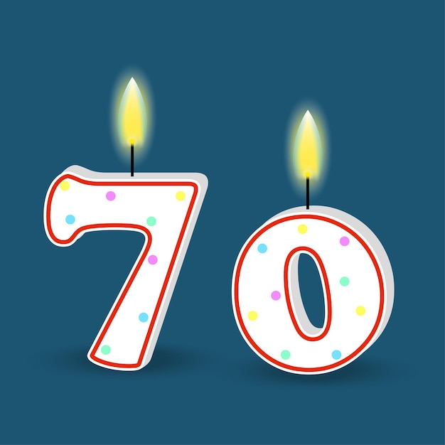 Vector birthday number seventy candle with fire 3d number 70 vector illustration eps 10